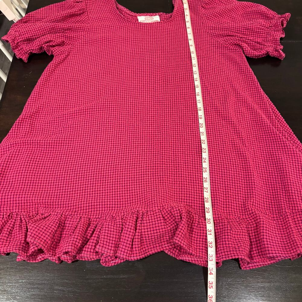 Fuchsia Gingham Oversized Babydoll Dress Puff Sleeve Ruffle Mini Cottage Indie M - Picture 6 of 6